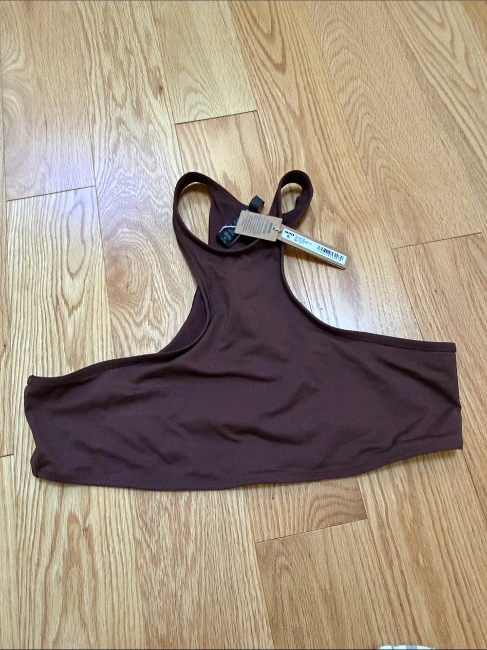 New! Skims 2X recycled high neck racer back swim top in cocoa .